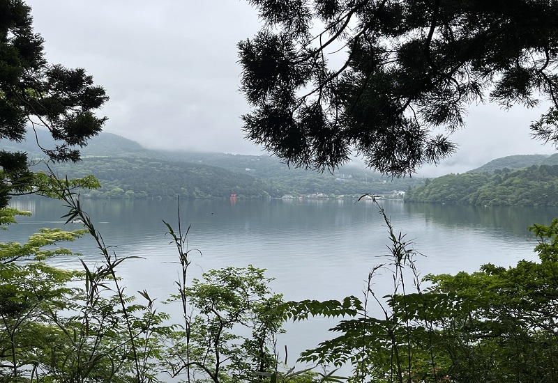 湖畔沿いの遊歩道から見える箱根神社と平和の鳥居