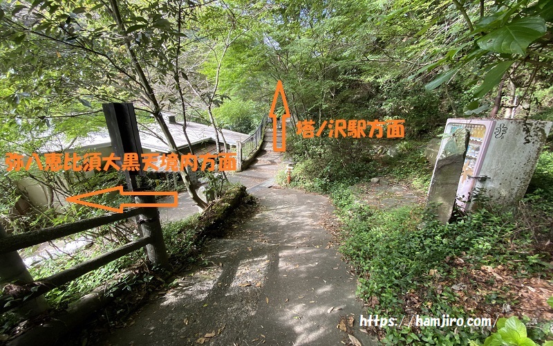 塔ノ沢駅と弥八恵比須境内方面の分かれ道
