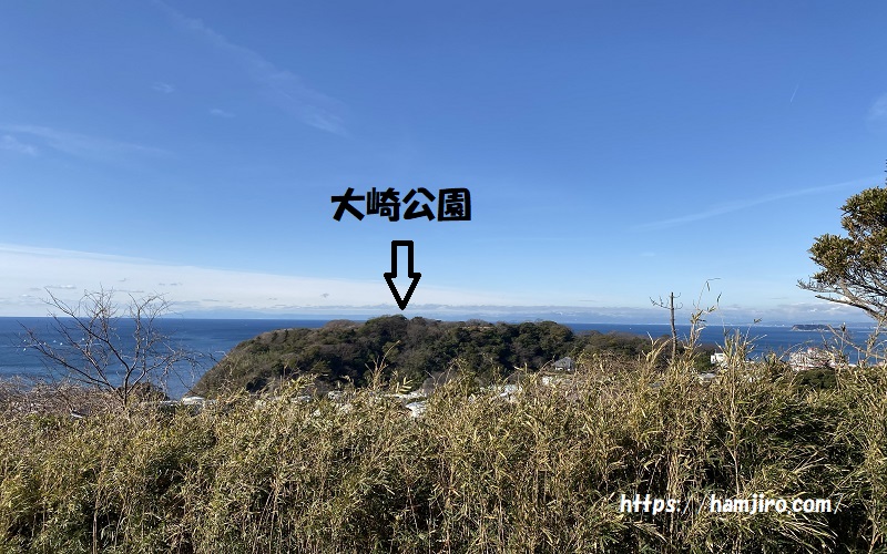 ハイキングコースから見える岬にある大崎公園。