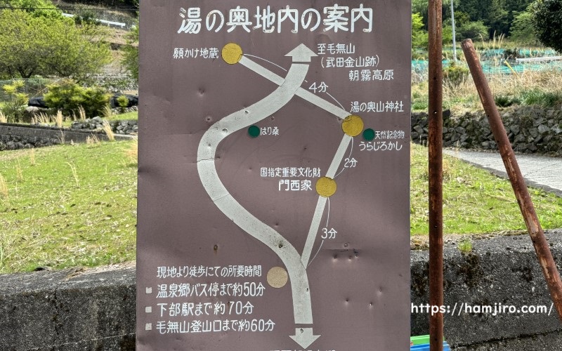 トタン造りの湯之奥集落周辺案内図