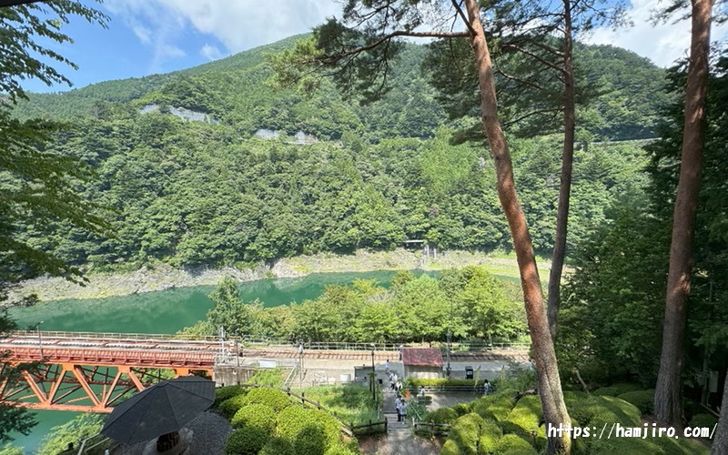 奥大井湖上駅に掛かるレインボーブリッジとホームが見渡せる