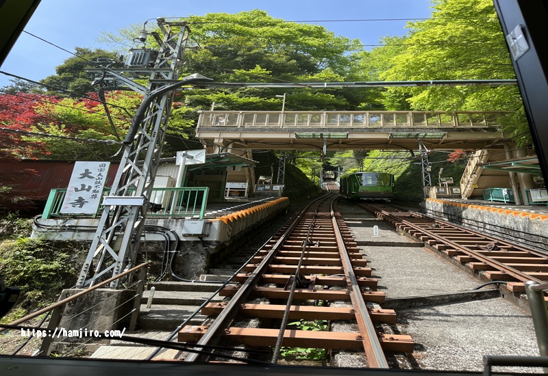 途中の「大山寺駅」で車両がすれ違う瞬間