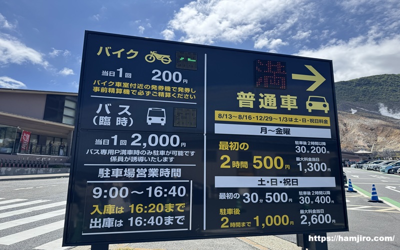大涌谷駐車場の料金案内表