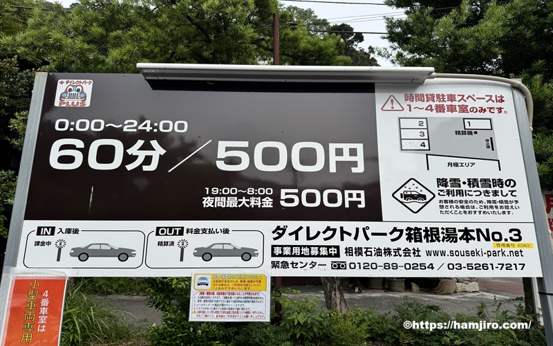 ダイレクトパーク箱根湯本 №3の料金案内表