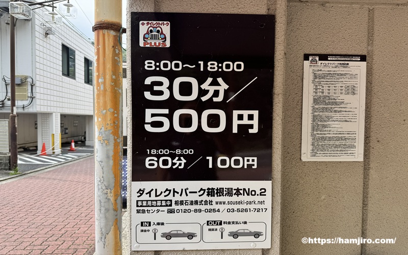ダイレクトパーク箱根湯本№2の料金案内表