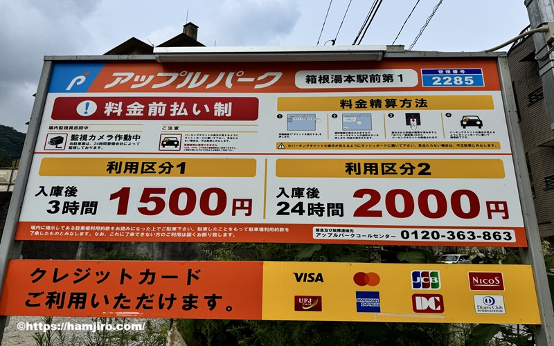 アップルパーク箱根湯本駅前第1の料金案内表