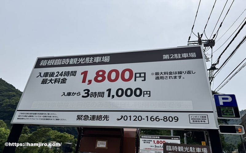 箱根臨時駐車場 第2駐車場の料金案内表