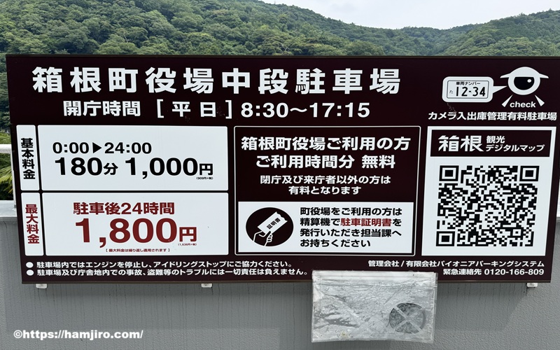 箱根町役場中段駐車場の料金案内表